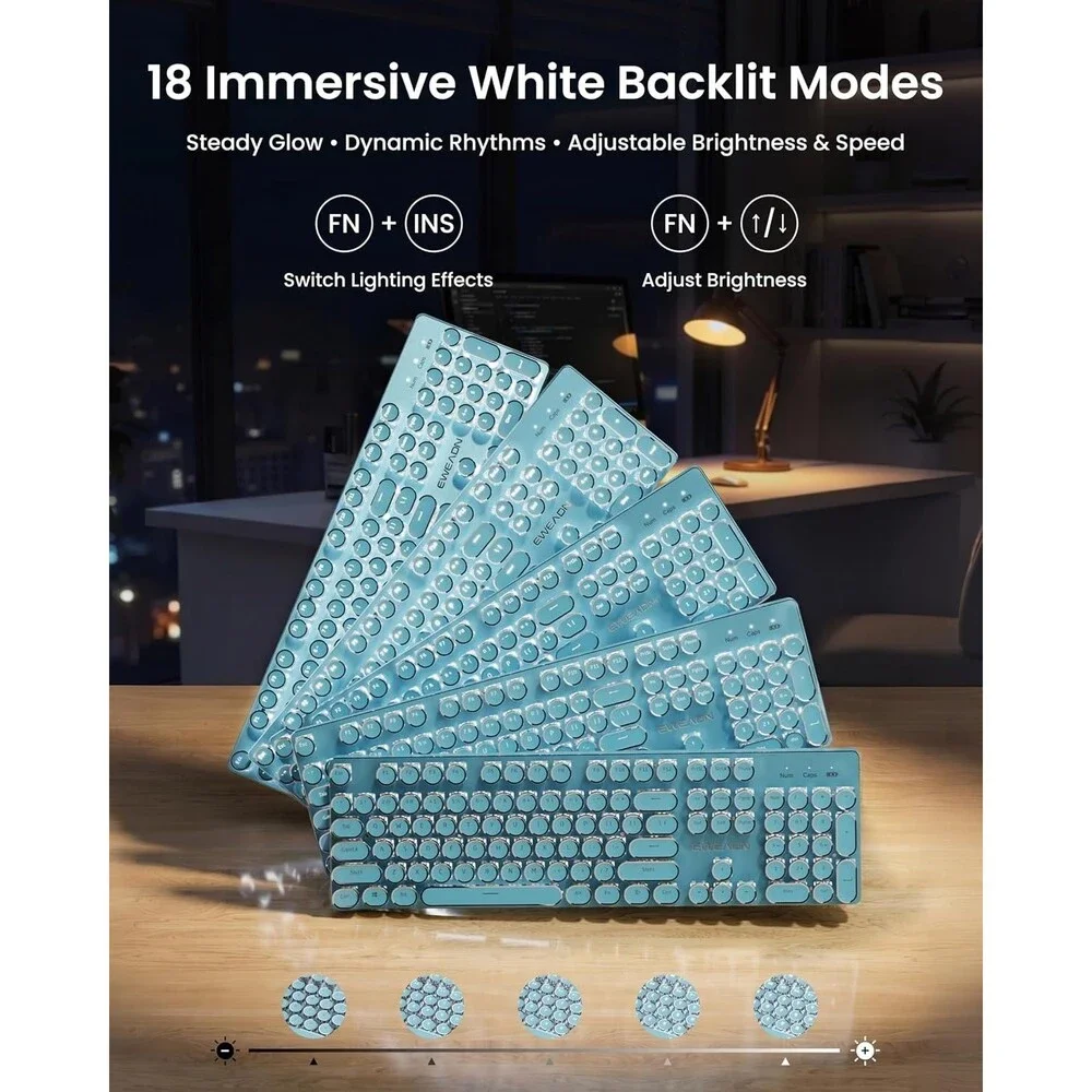 Wireless Typewriter Style Mechanical Keyboard with White Backlit, Blue | Bluetoo